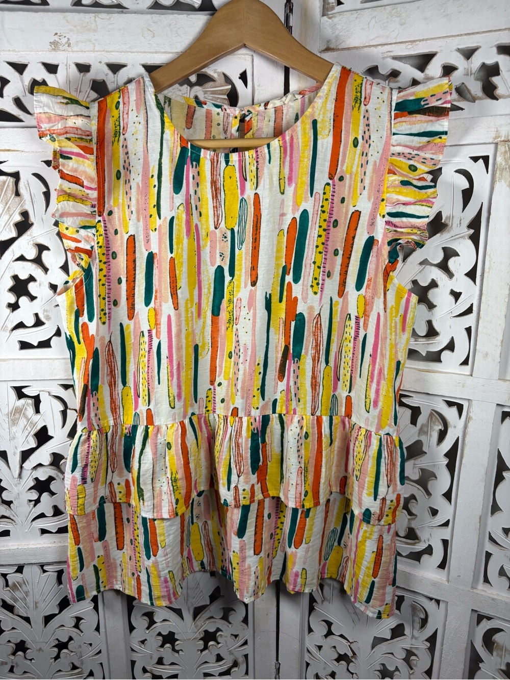 JODIFL Women’s Multi-Color Ruffle Tiered Top with Pink Yellow Green Accents SZ